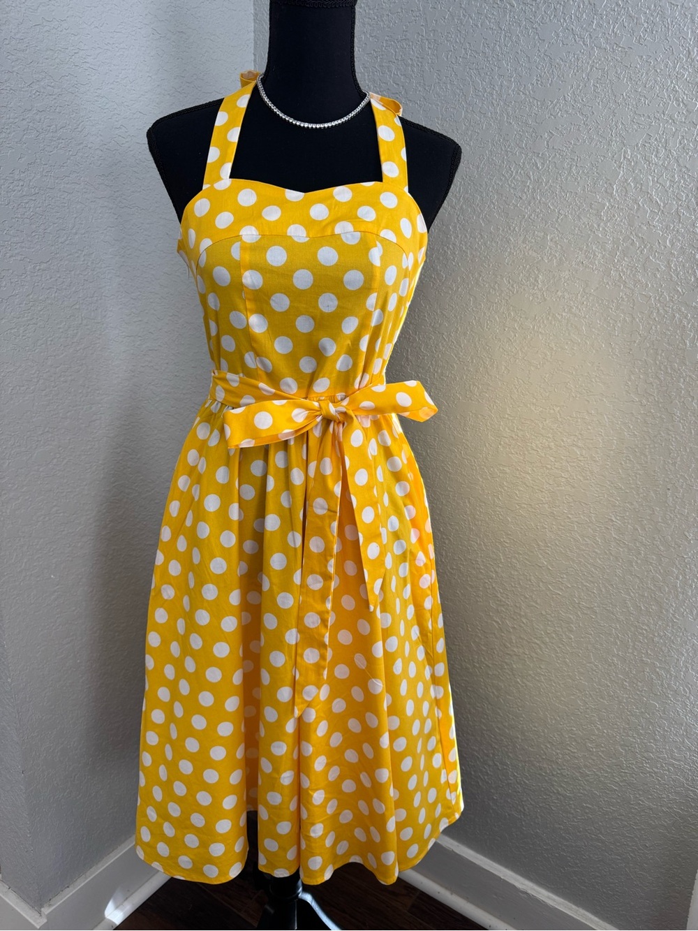 Mika Yoga Wear Yellow and White Polka Dot Halter Midi Dress Cotton & Spandex